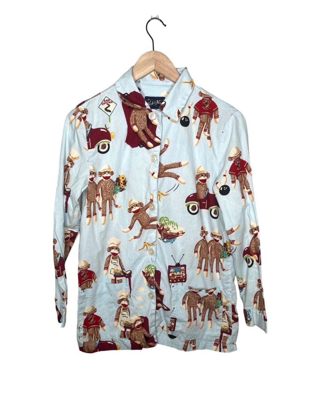 Nick & Nora Sock Monkey Bowling Print Cotton Pajama Top Small